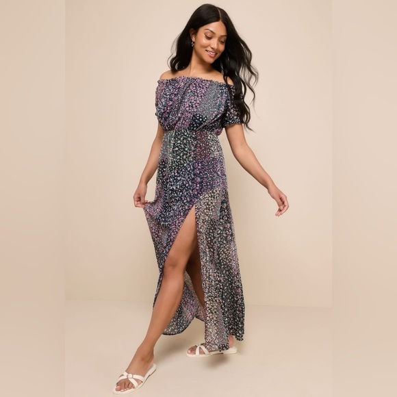 Lulus Neva Navy Blue Floral Print Off-the-Shoulder Maxi Dress - Picture 2 of 8